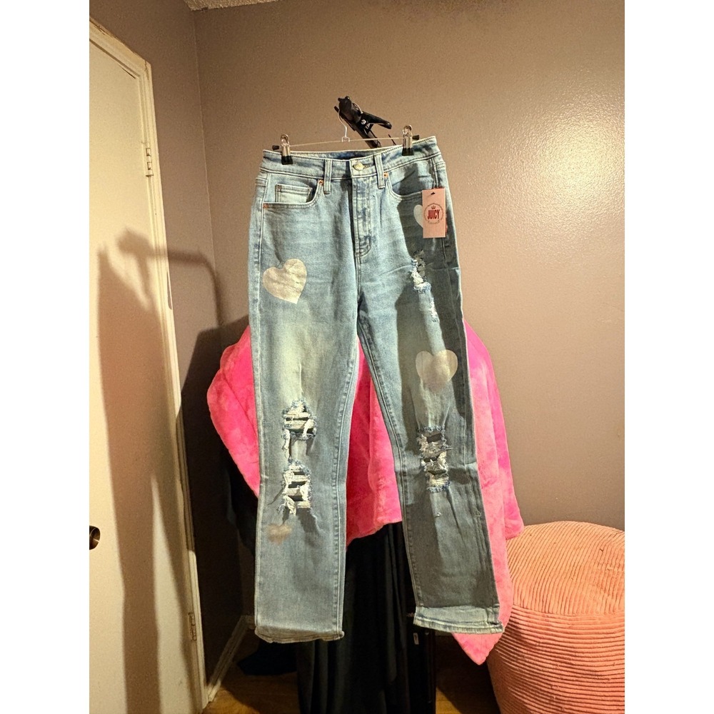 Juicy Couture Distressed Silver Heart Straight Leg Jeans Size 2 NWT Y2K 90's